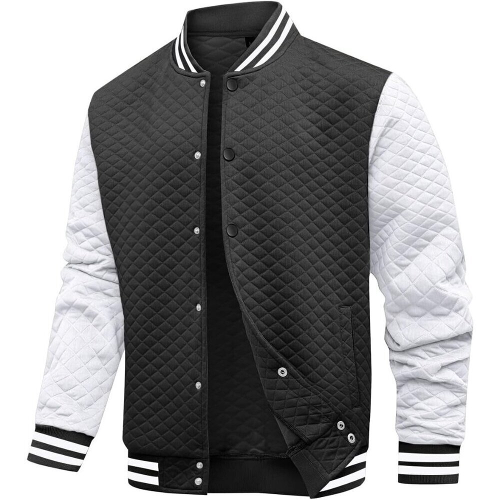 Men's Black/White Varsity Bomber Jacket Lightweight Causal Cuffs Pockets Style